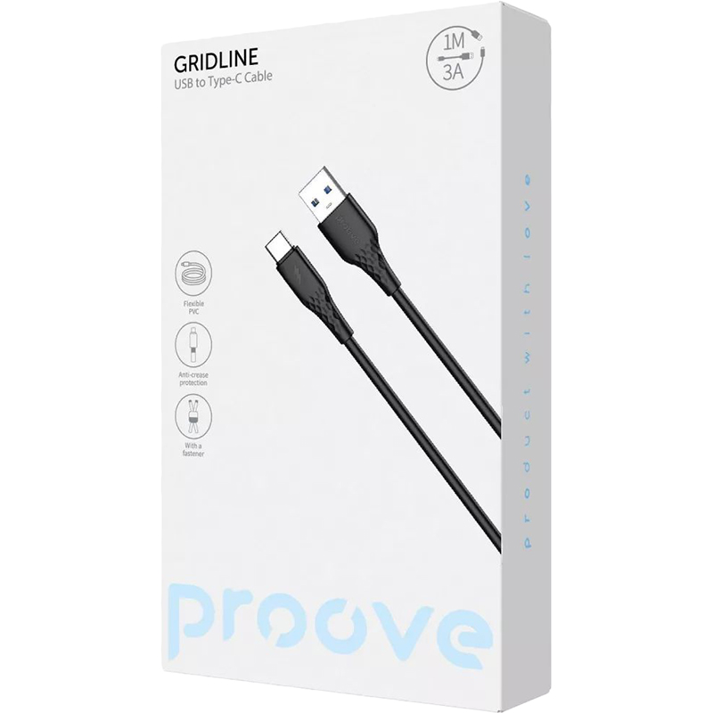 Кабель PROOVE GridLine USB-USB Typce-C 3A 1 м Black (CCGL15001201) Додатково Сила струму: 3A; Не плутається, не втрачає форму з часом