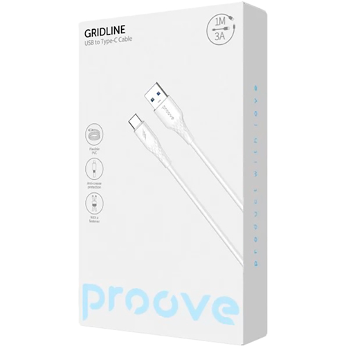 Кабель PROOVE GridLine USB - USB Type-C 3A 1 м White (CCGL15001202) Додатково Сила струму: 3A; Не плутається, не втрачає форму з часом