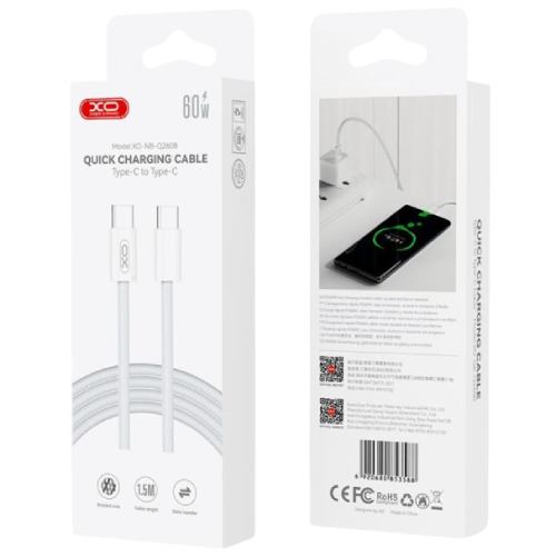 Кабель XO NBQ260B USB Type-C - USB Type-C 60W 1,5 м White (NBQ260B_С_White) Тип USB Type-С - USB Type-С
