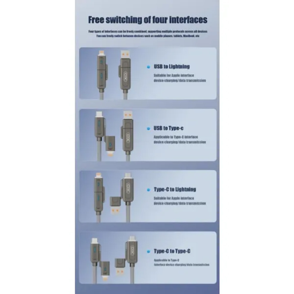Изображение Кабель XO NB275 USB Type-C/USB-A - USB Type-C/Lightning 4-in-1 60W 1m Gray (NB275_4-in-1_Gray)