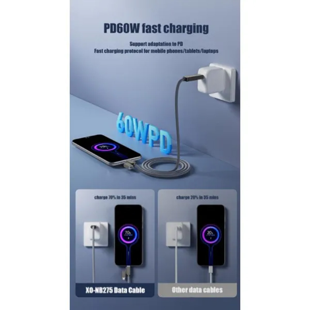 Фото Кабель XO NB275 USB Type-C/USB-A - USB Type-C/Lightning 4-in-1 60W 1m Gray (NB275_4-in-1_Gray)
