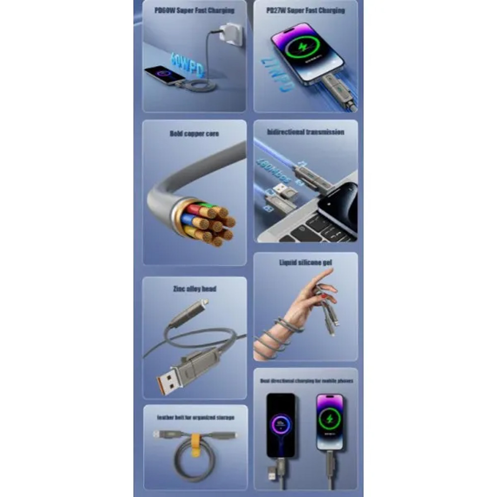 Внешний вид Кабель XO NB275 USB Type-C/USB-A - USB Type-C/Lightning 4-in-1 60W 1m Gray (NB275_4-in-1_Gray)