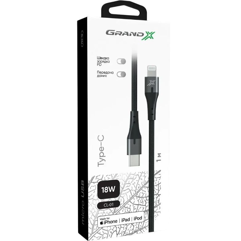 Кабель GRAND-X TypeC-Lightning PD 1 м (CL-01) Длина 1