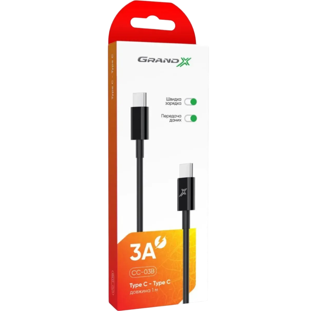 Кабель GRAND-X 60W Type-C 1 м Black (CC-03B) Довжина 1