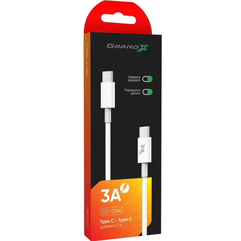 Кабель GRAND-X Type-C - Type-C 60W 1 м White (CC-03W) Длина 1