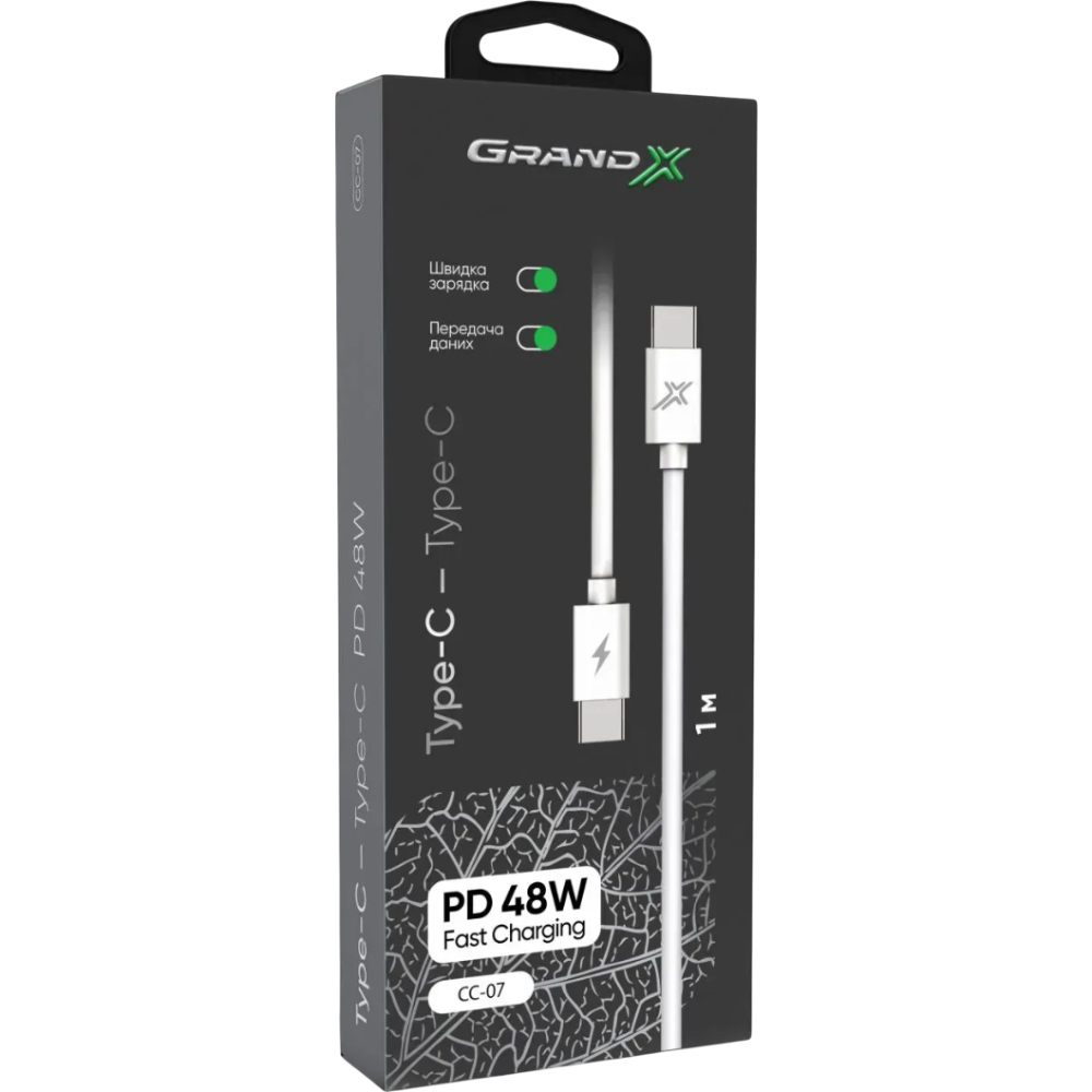 Кабель GRAND-X Type-C - Type-C 1 м White (CC-07) Довжина 1