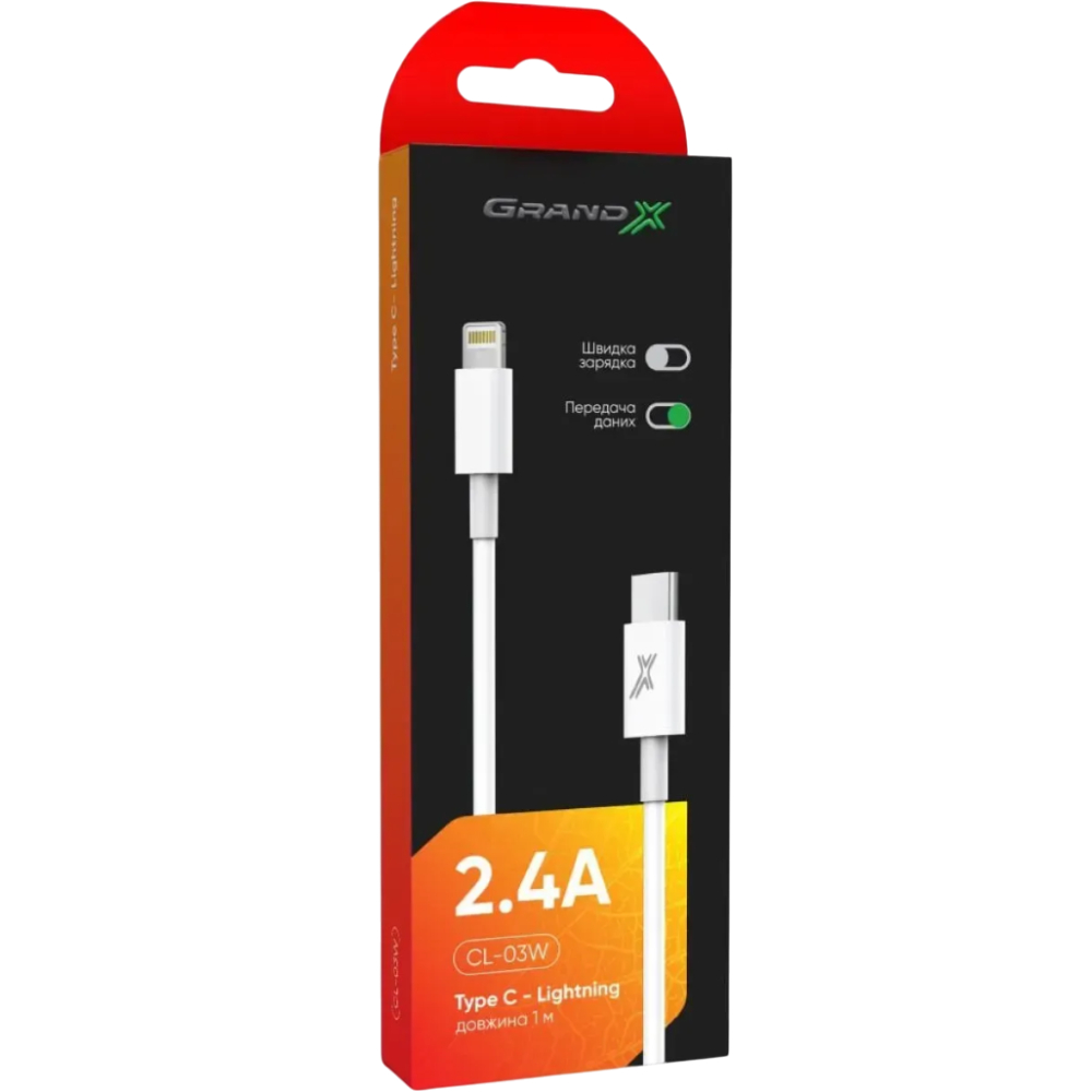 Кабель GRAND-X TypeC - Lightning 12W 1м White (CL-03W) Длина 1