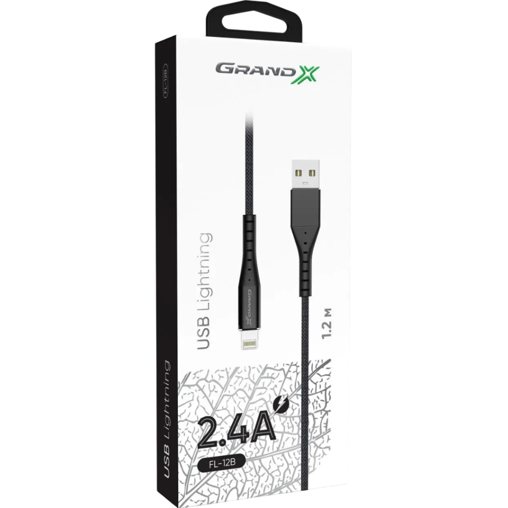 Кабель GRAND-X USB - Lightning 2,4A 1.2 м Black (FL-12В) Длина 1.2