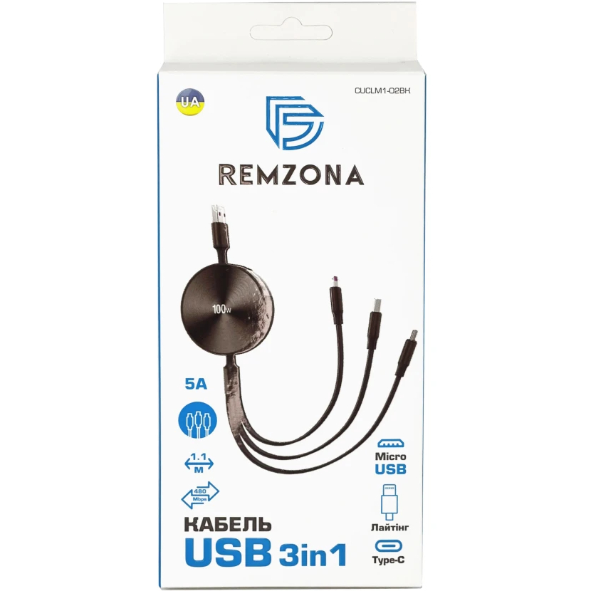 Кабель REMZONA USB3.0- Lightning/Type-C/Micro USB 100W 1.1м CUCLM1-02BK Тип USB – Lightning/micro-USB/USB Type-C