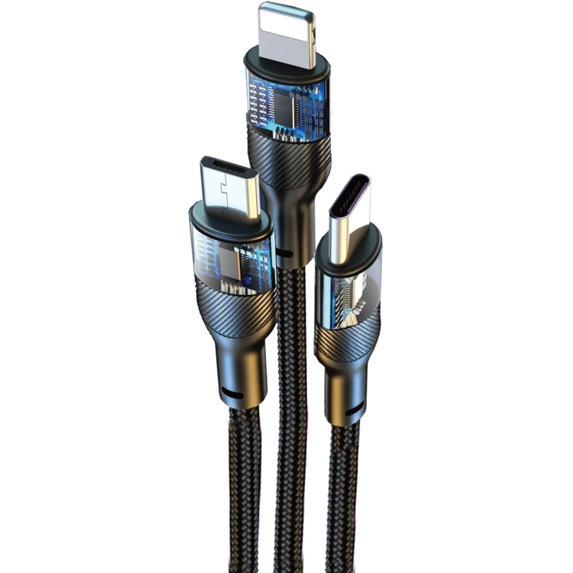 Кабель REMZONA USB3.0- Lightning/Type-C/Micro USB 96W 1.2 м (CUCLM1-01BK) Додатково Вихід Type-C 6A 66W, Швидкість передачі даних: 480Mb/s, Вихід: Lightning 2.4A 18W, Вихід micro 3A 12W