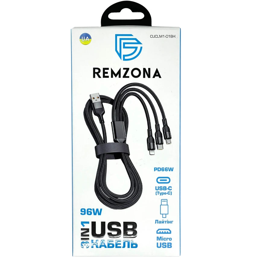 Зовнішній вигляд Кабель REMZONA USB3.0- Lightning/Type-C/Micro USB 96W 1.2 м (CUCLM1-01BK)