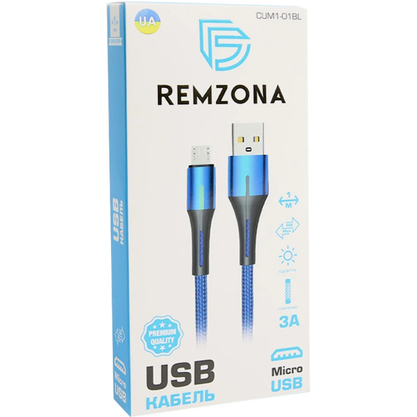 Кабель REMZONA USB2.0 - MicroUSB 3A 1 м (CUM1-01BL) Кабель REMZONA USB2.0 - MicroUSB 3A 1 м (CUM1-01BL) Додатково Швидкість передачі: 480Mbps. Вихідний струм: 3А