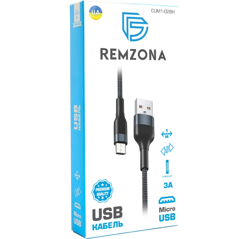 Кабель REMZONA USB2.0 - MicroUSB 3A 1 м (CUM1-02BK) Додатково Кевларова обплетення. Швидкість передачі: 480Mbps. Вихідний струм: 3А