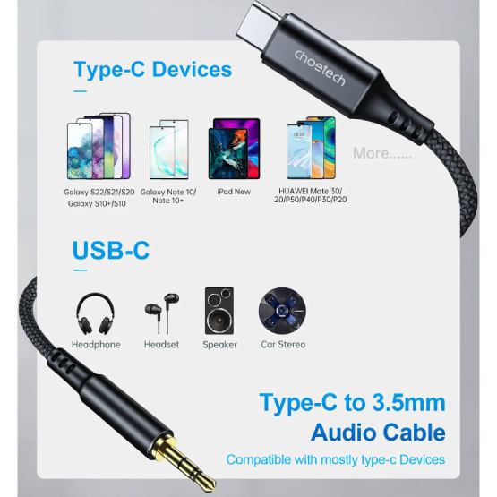 Кабель CHOETECH USB Type-C - аудио 3,5 мм 1.0 м Black (AUX006) Дополнительно изготовлен из луженой меди, экранирован алюминиевой фольгой и имеет позолоченные разъемы; умный чип; оснащен встроенной микросхемой Smart DAC