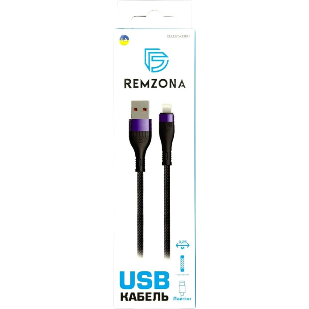 Кабель Remzona Lightning 0.25 м 18W CUL025-03BK Black (6958739012426) Додатково Матеріал: Нейлонова обплетення. Швидкість передачі: 480Mbps. Вихідний струм: 3А