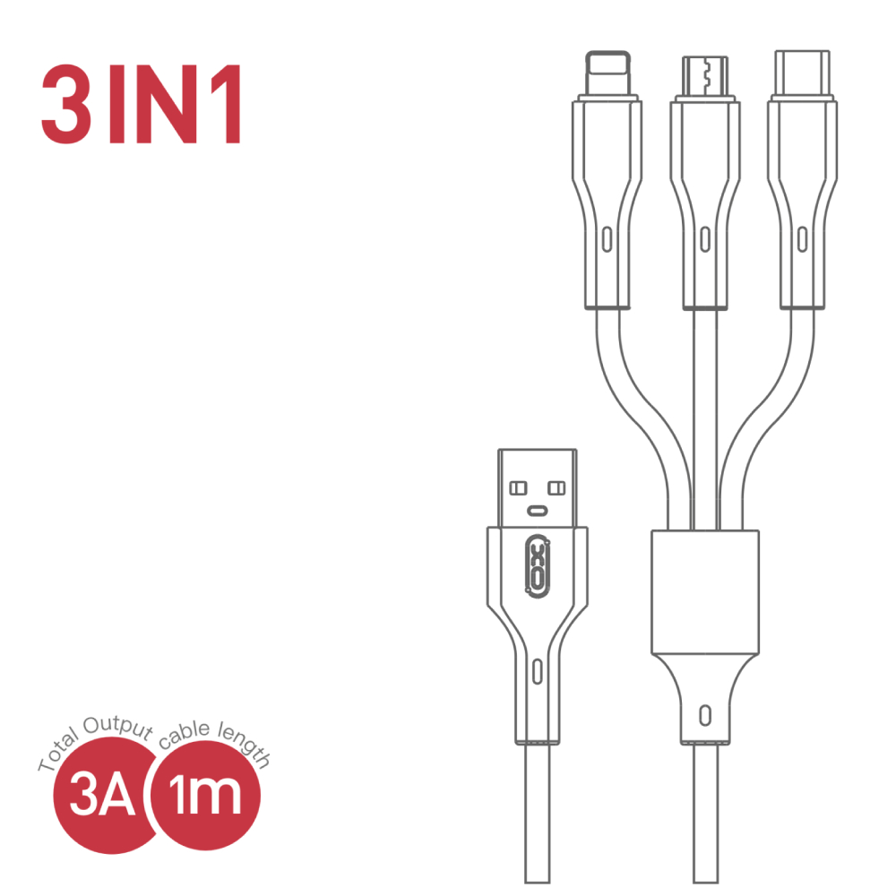 Кабель XO CB-23U3 3 в 1 USB - micro-USB/USB Type-C/Lightning 1 м Black (CB-23U3-BK) Довжина 1