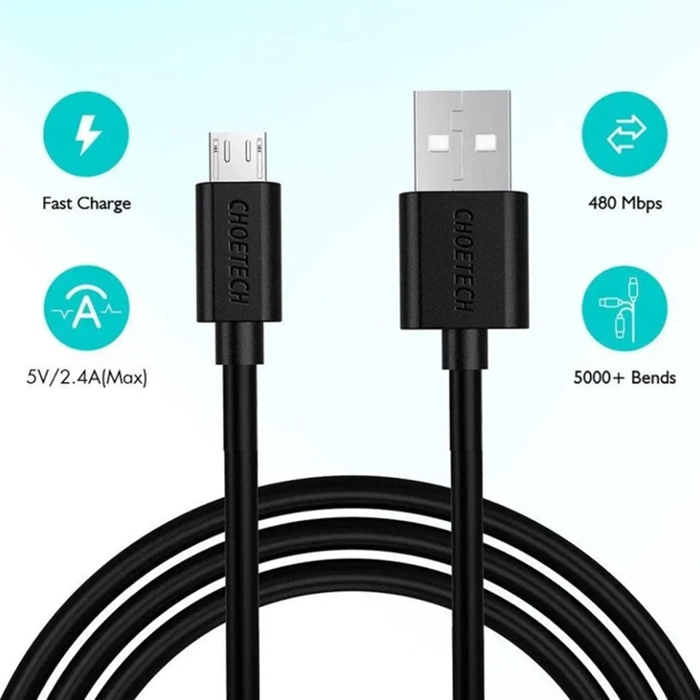 Кабель CHOETECH USB-A to micro USB 1.2 м PVC Cable (AB003) Подсветка False