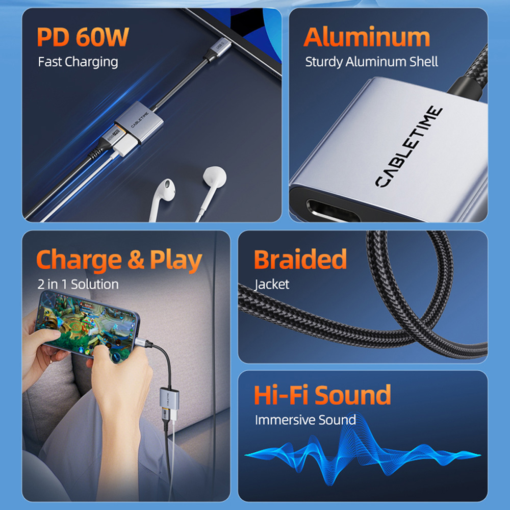 Адаптер CABLETIME CPA2G USB Type-C (M) - USB Type-C Audio (F) - USB Type-C(F) PD60W Grey (CA915781) Довжина 0.165