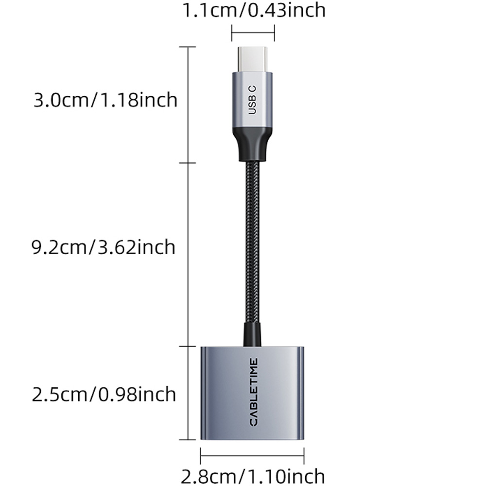 Адаптер CABLETIME CPA2G USB Type-C (M) - USB Type-C Audio (F) - USB Type-C(F) PD60W Grey (CA915781) Тип USB Type-С - 2 х USB Type-С