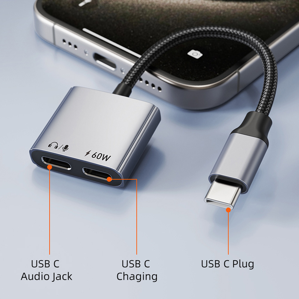 Адаптер CABLETIME CPA2G USB Type-C (M) - USB Type-C Audio (F) - USB Type-C(F) PD60W Grey (CA915781) Підсвітка False