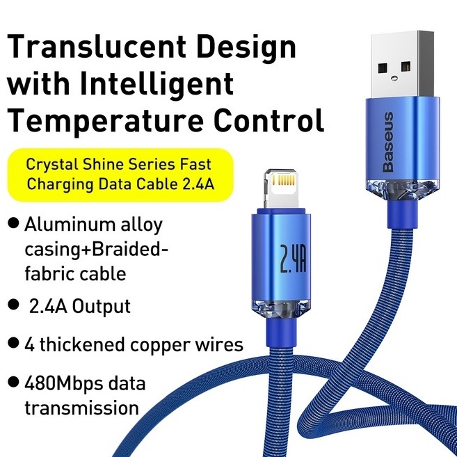 Фото 4 Кабель BASEUS Crystal Shine Series Fast Charging Data Cable USB to Lightning 2.4A 1.2m Blue (CAJY000003)