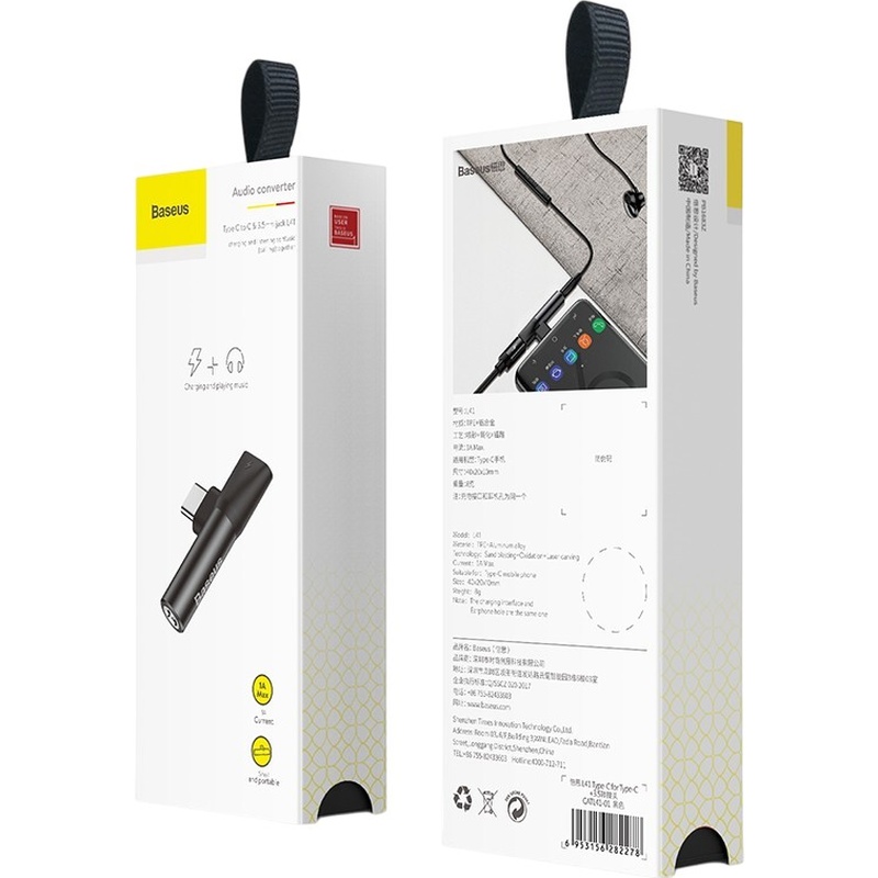 Адаптер BASEUS L41 Type-C(input) for Type-C female connectors+3.5 mm female Black Тип USB Type-C - аудио 3.5 мм/USB Type-C