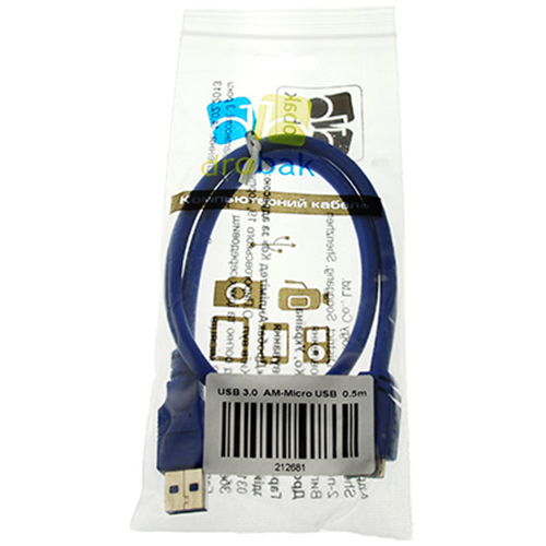 Кабель DROBAK USB 3.0 AM–Micro USB Тип B 0.5 м Blue (212681) Довжина 0.5