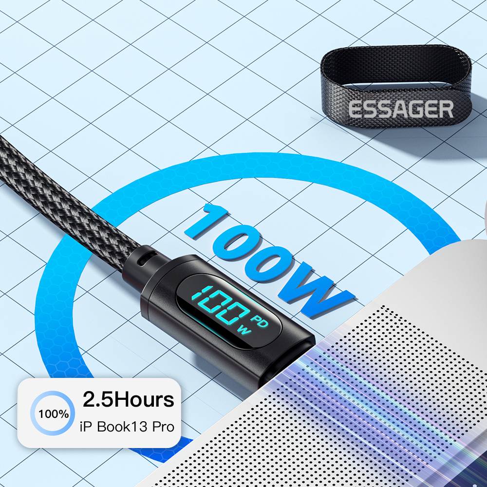 Кабель ESSAGER USB-C - USB-C 100W LED 1.0 м Black (EXCTT1-XY01-P) Тип USB Type-С - USB Type-С