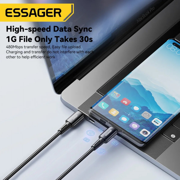 Кабель ESSAGER USB Type-C - USB Type-C 240W 1 м Black (EXCTT3-CG0G-P) Подсветка False