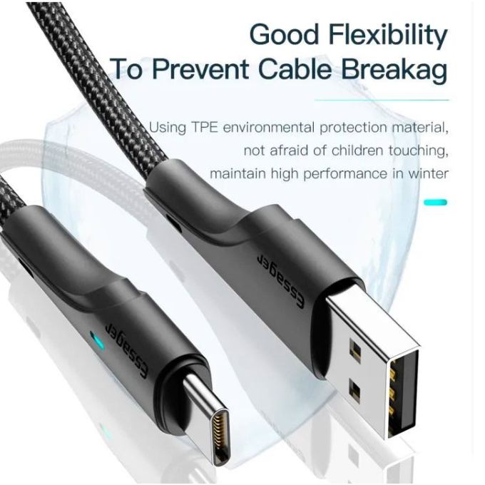 Кабель ESSAGER USB - USB Type-C 3 м Black (EXCT-LSC01) Подсветка True