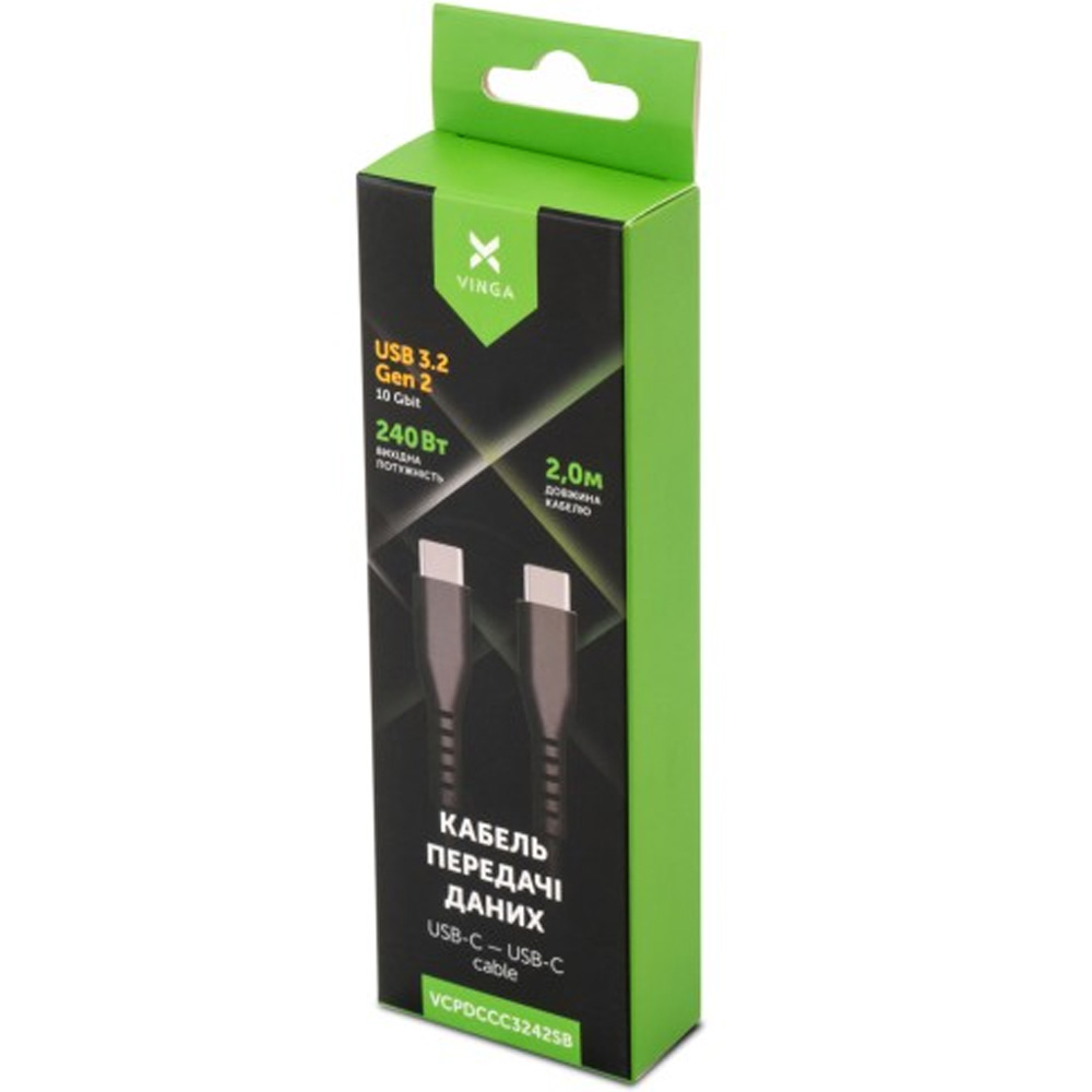 Фото 4 Кабель VINGA USB Type-C - USB Type-C 2.0m UBS3.2 Gen2 10G 240W Chip Silicon Black (VCPDCCC3242SB)