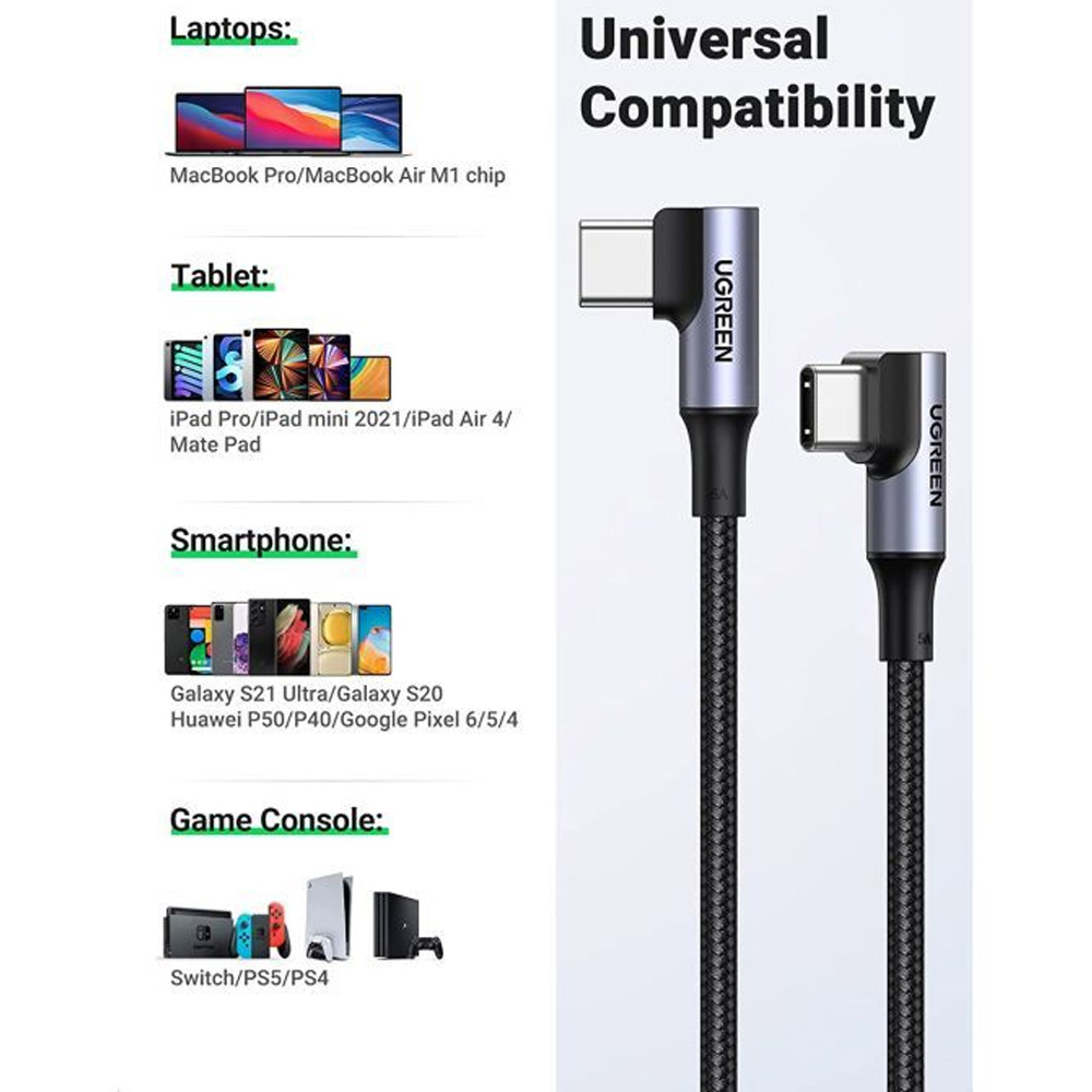 Фото Кабель UGREEN USB Type-C - USB Type-C 1.0m 100W 20V/5A 90° corner braided Вlack (70696)