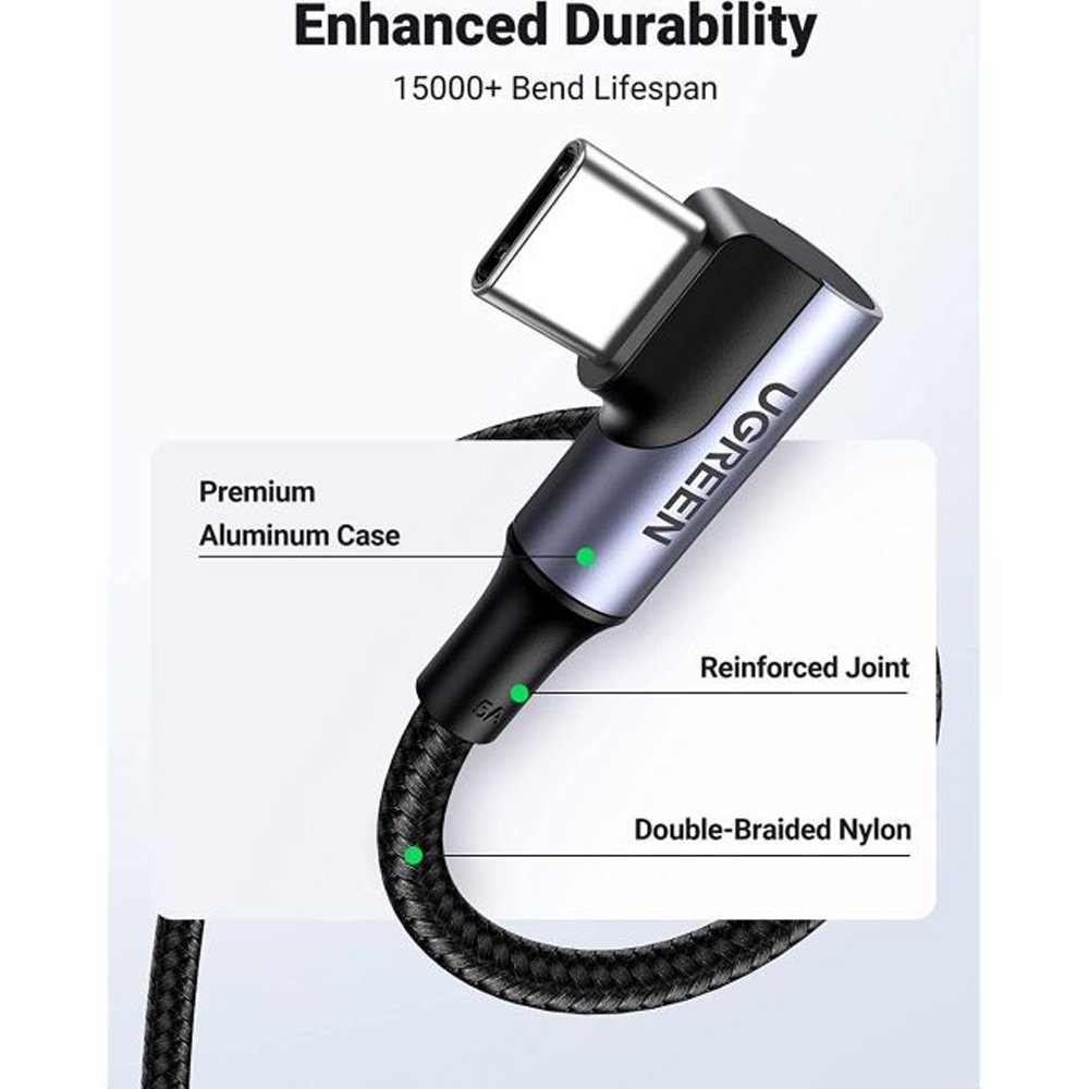 Кабель UGREEN USB Type-C - USB Type-C 1.0m 100W 20V/5A 90° corner braided Вlack (70696) Підсвітка False