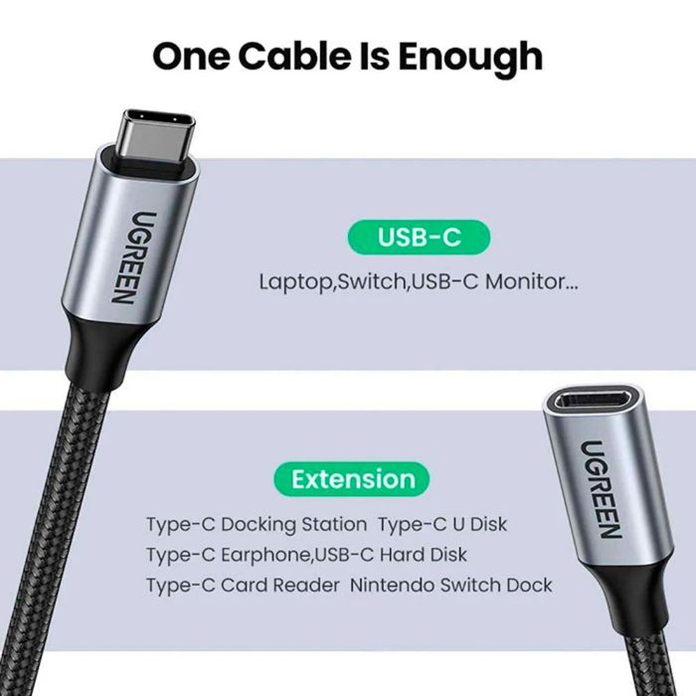 В Україні Кабель UGREEN USB Type-C - USB Type-C M/F 0.5m 5A USB 3.1 Gen2 10Gbps Вlack (80810)