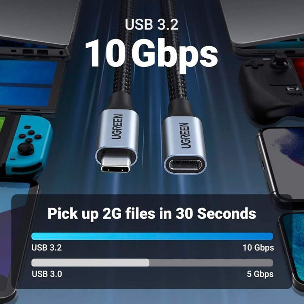 Кабель UGREEN USB Type-C - USB Type-C M/F 0.5m 5A USB 3.1 Gen2 10Gbps Вlack (80810) Довжина 0.5