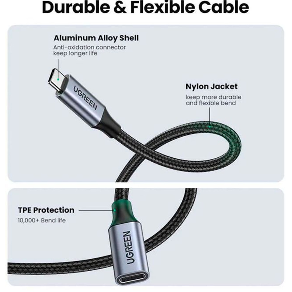 В інтернет магазині Кабель UGREEN USB Type-C - USB Type-C M/F 0.5m 5A USB 3.1 Gen2 10Gbps Вlack (80810)
