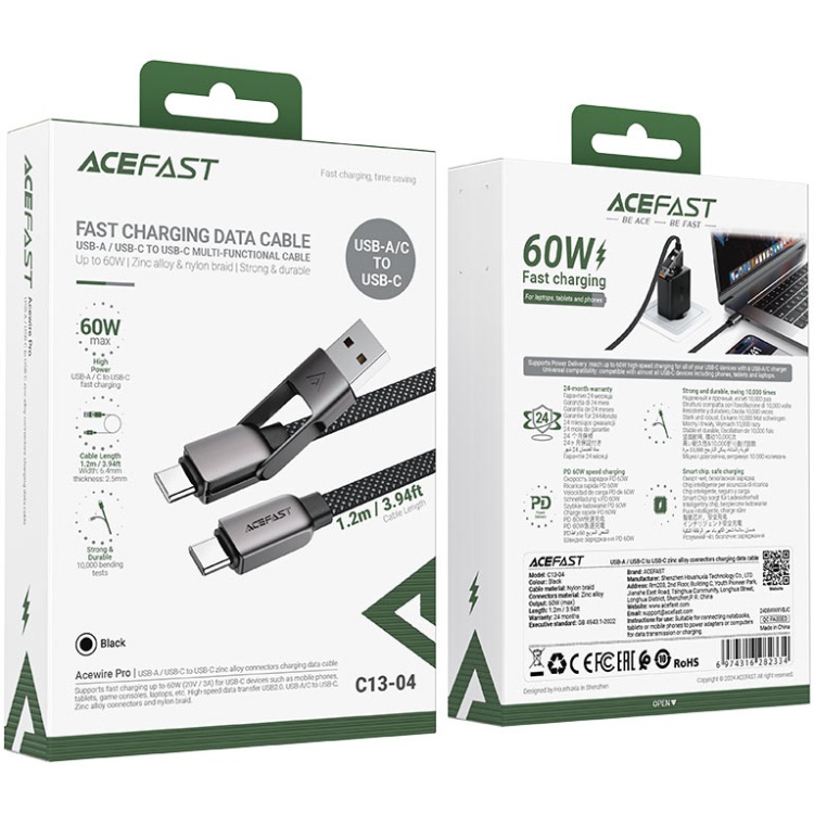 Внешний вид Кабель ACEFAST USB-C+USB-A to USB-C 3.0A zink alloy C13-04 1.2 м Black (6974316282334)