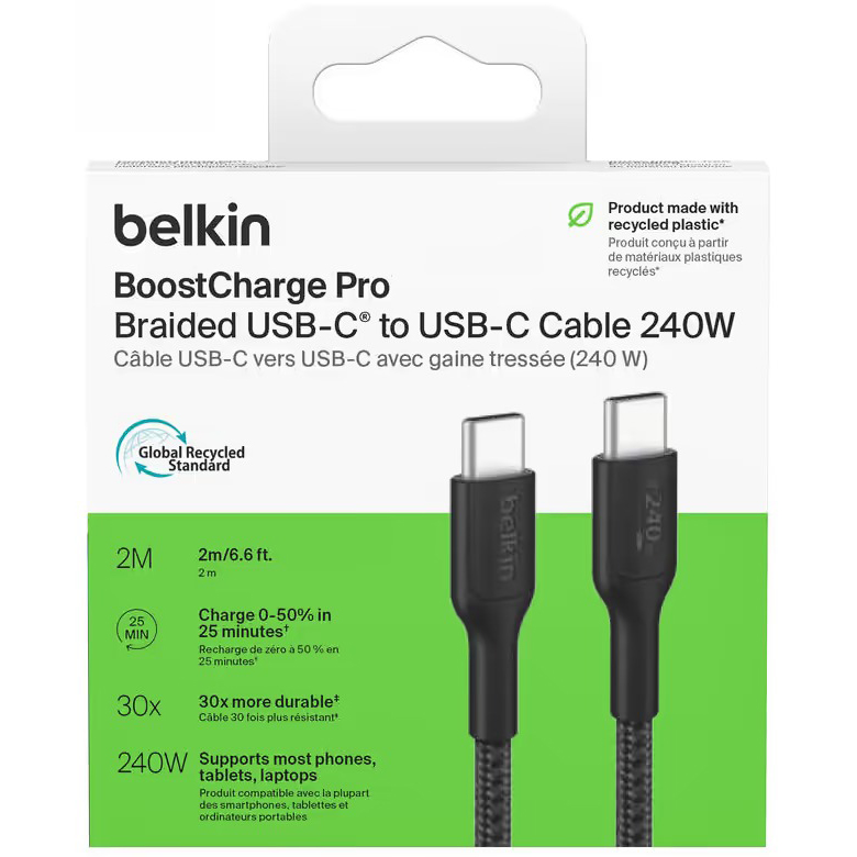 Кабель BELKIN USB-C > USB-C 2 м 240 Вт Type-C black (CAB025HQ2MBK) Тип USB Type-С - USB Type-С