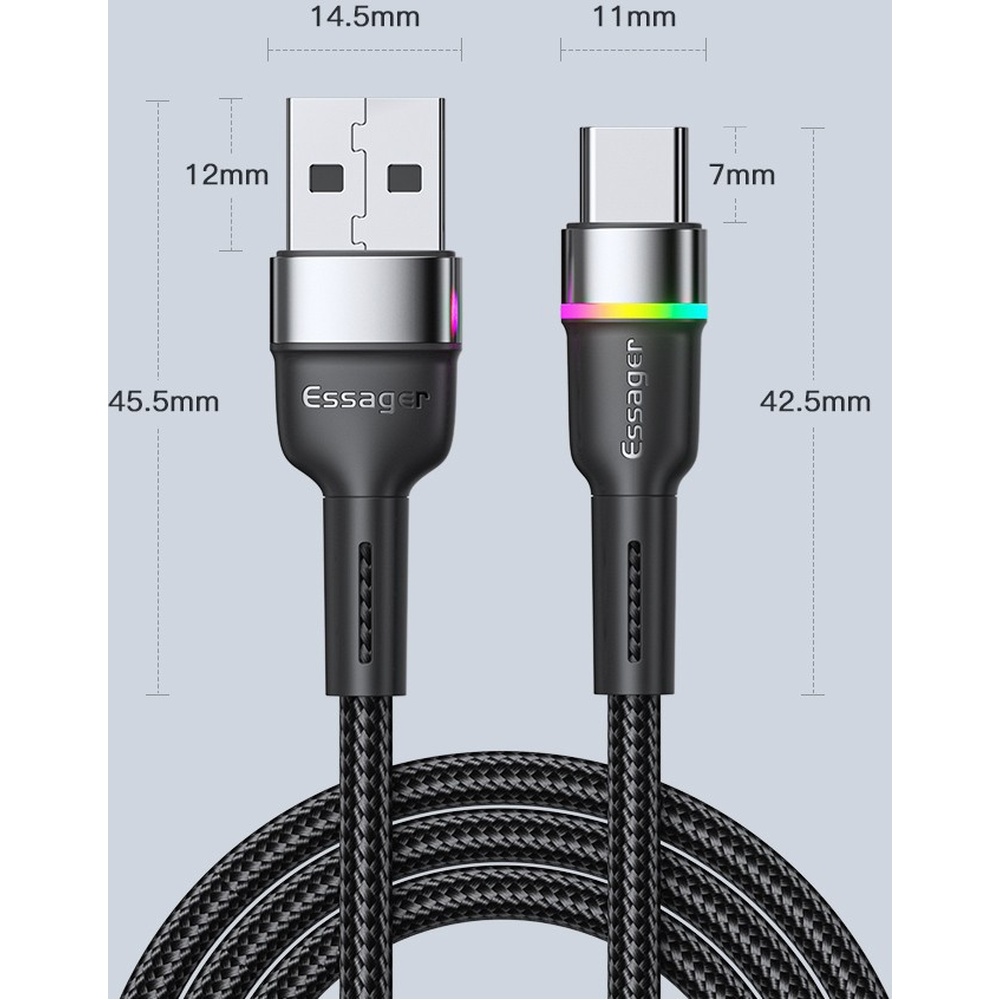Покупка Кабель Essager USB 2.0 AM to USB-C 3A LED 0.5 м Black (EXCT-XCDB01)
