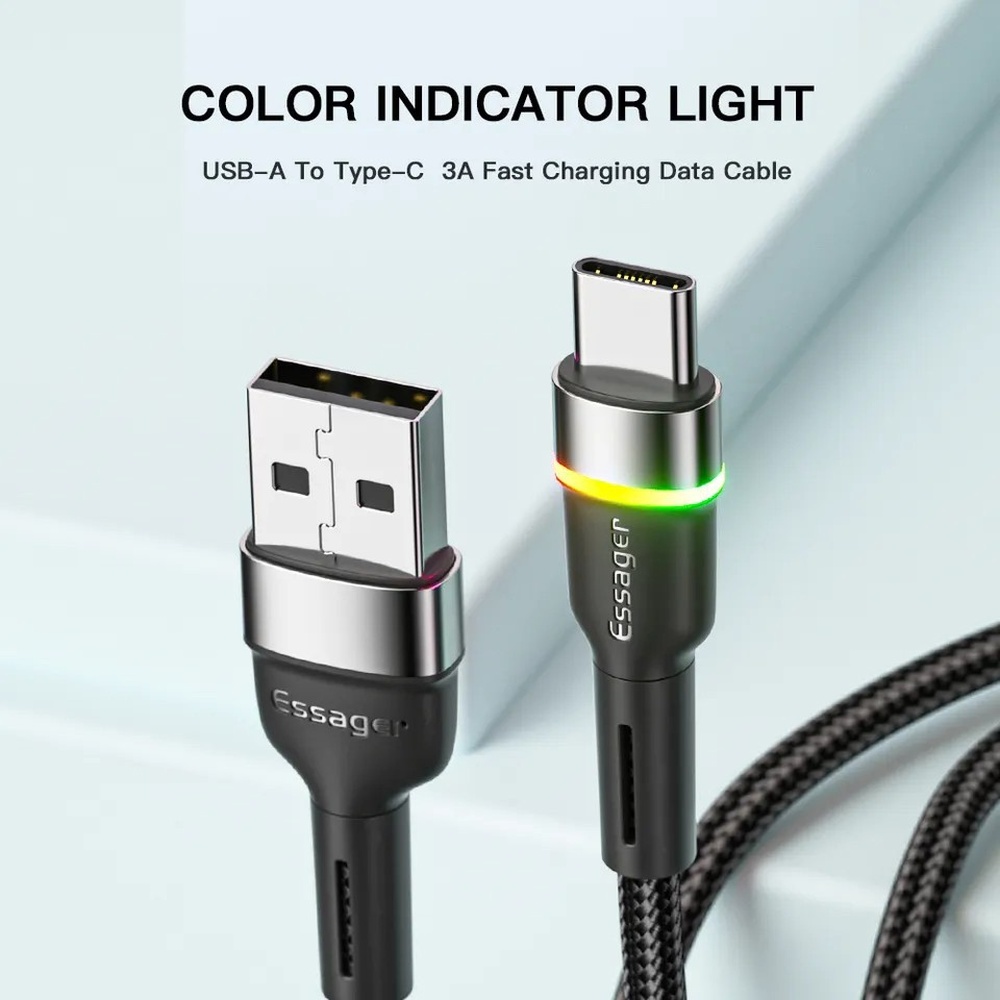 Фото Кабель Essager USB 2.0 AM to USB-C 3A LED 2 м Black (EXCT-XCDA01)