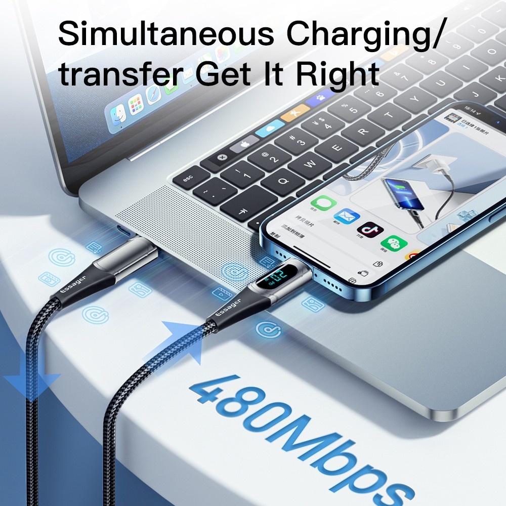 Кабель Essager USB-C to Lightning 20W Digital Display 1 м Black (EXCTL-YD01) Подсветка False