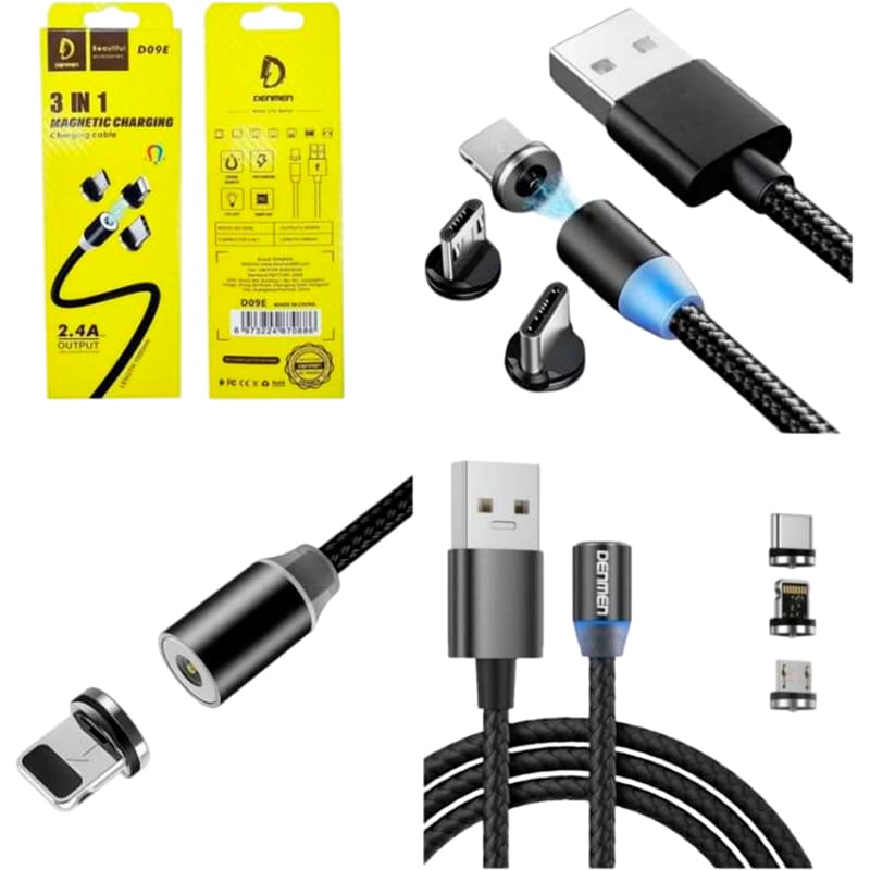 Кабель DENMEN D09E 3-in-1 USB - Lightning/micro-USB/USB Type-C 1 м Black (DN-D09E-BK) Длина 1