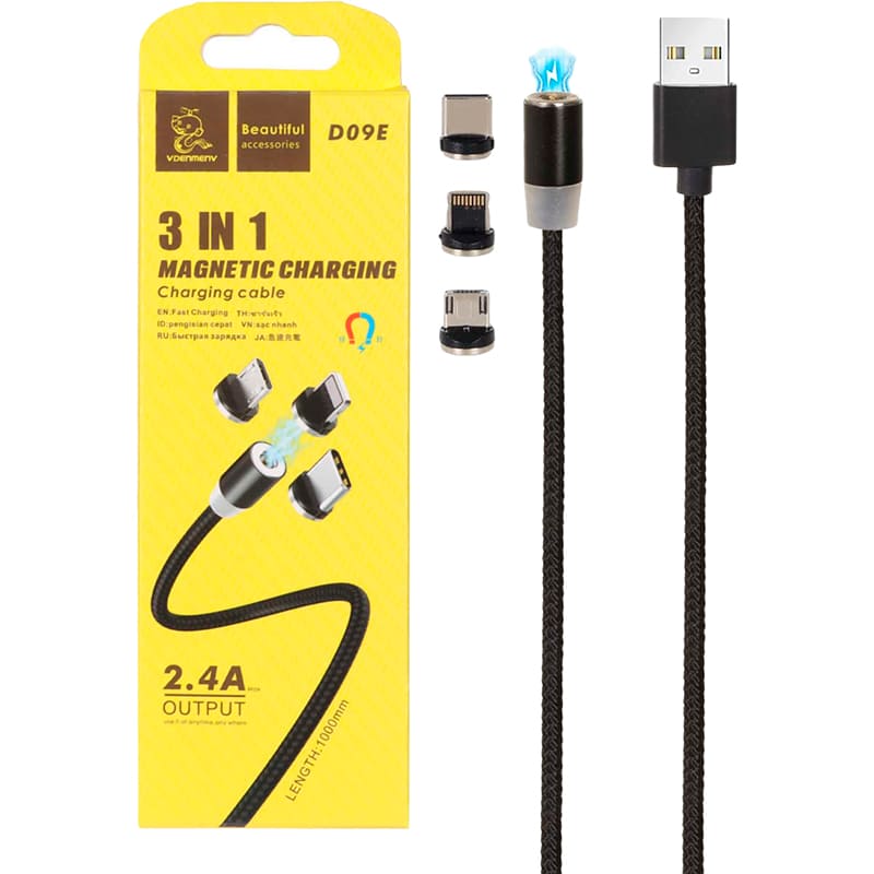 Кабель DENMEN D09E 3-in-1 USB - Lightning/micro-USB/USB Type-C 1 м Black (DN-D09E-BK) Дополнительно Максимальный ток: До 2,4 A; Магнитное соединение портов