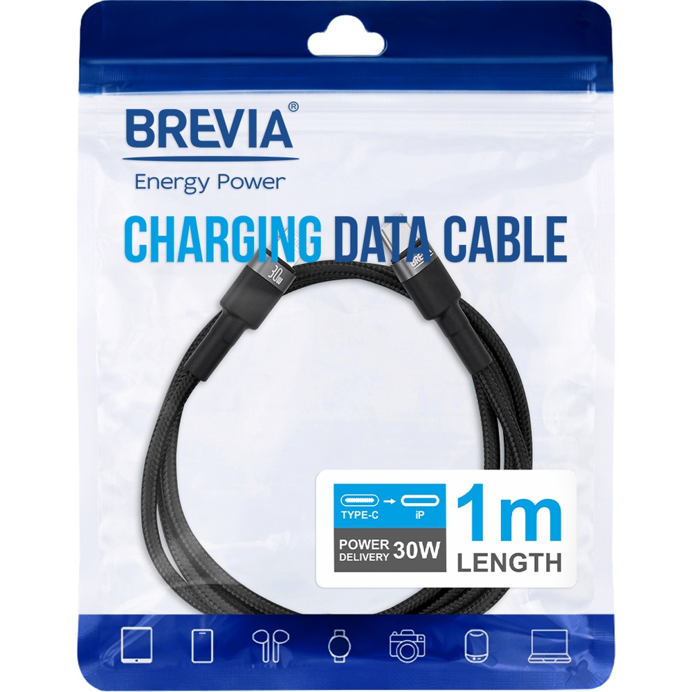 Кабель BREVIA Type-C to Lightning 30W 1m Black (53100BCLZ1) Тип USB Type-С - Lightning