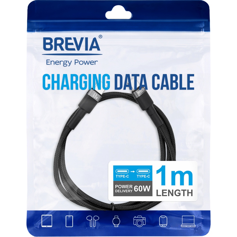 Кабель BREVIA Type-C to Type-C 60W 1m Black (53100BCCZ1) Тип USB Type-С - USB Type-С