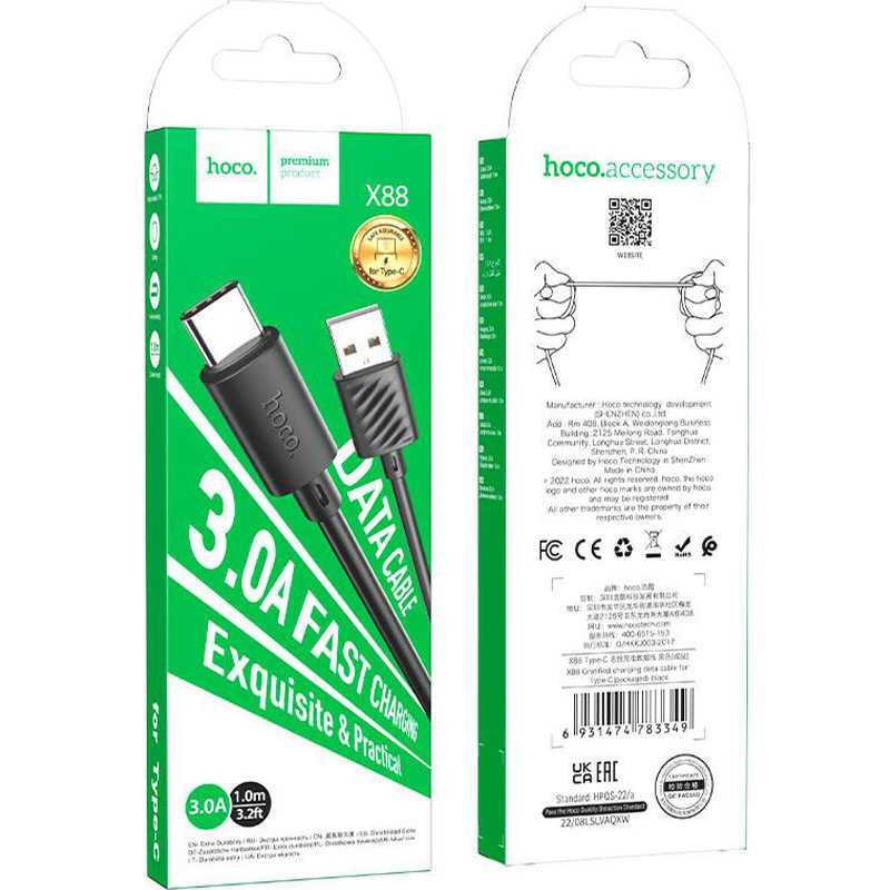 Кабель HOCO X88 Gratified USB-Type-C 3A 1 м Black (HC-X88-TC-BK) Тип USB - USB Type-С