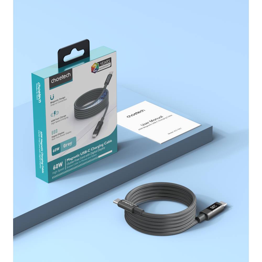 Кабель CHOETECH PD60 Вт USB-C до USB-C 1,2 м Gray (XCC-1067-GY) Подсветка False