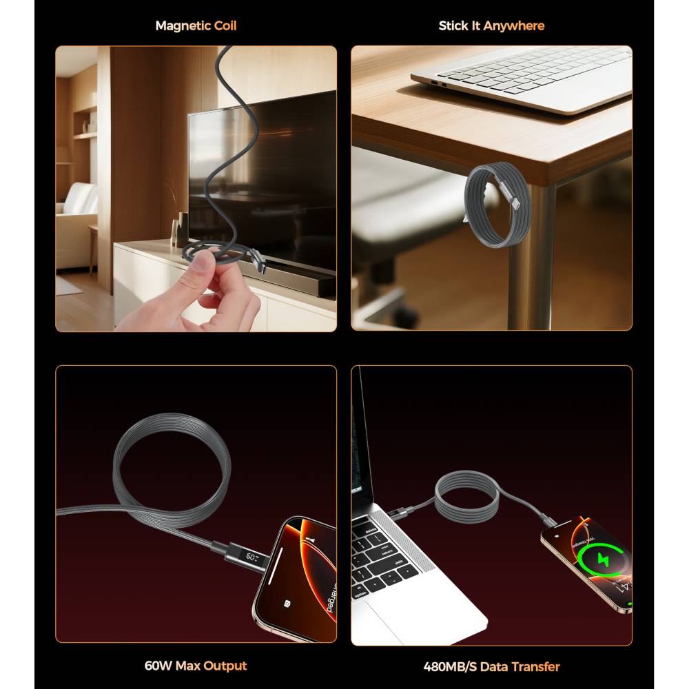 Внешний вид Кабель CHOETECH PD60 Вт USB-C до USB-C 1,2 м Gray (XCC-1067-GY)