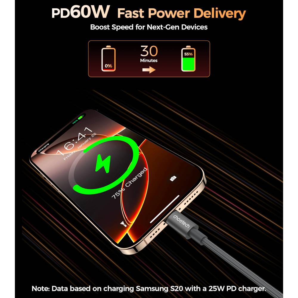 Фото Кабель CHOETECH PD60 Вт USB-C до USB-C 1,2 м Gray (XCC-1067-GY)