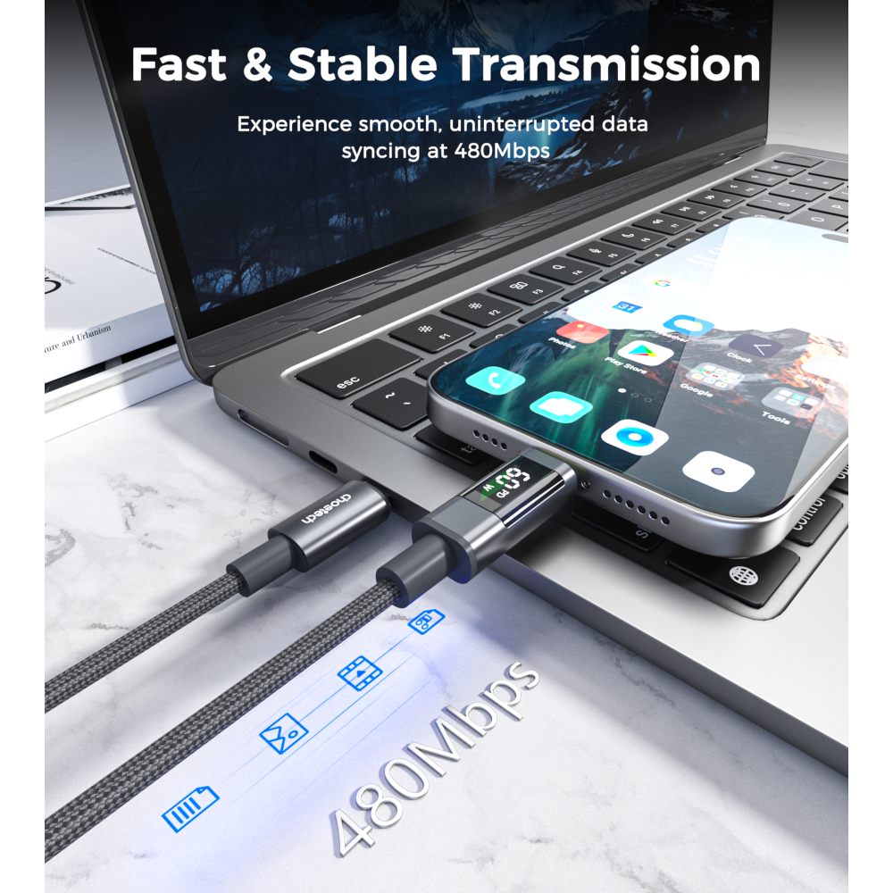 Фото Кабель CHOETECH PD60 Вт USB-C до USB-C 1,2 м Gray (XCC-1068-GY)